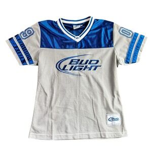 Bud Light‎ Mens Football Jersey Silver Blue Mesh Embroidered Logo Runs Small